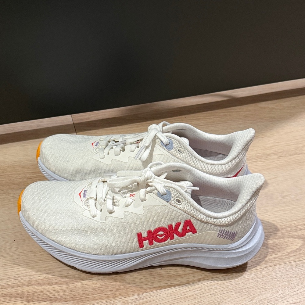 Hoka Cream and Red Athletic Shoes